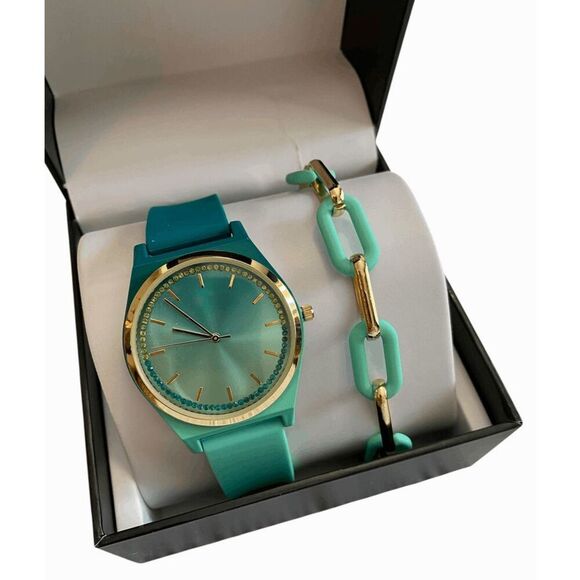 INC International Concepts Green Ombre Rubber Watch & Bracelet Set NIB - Picture 2 of 4